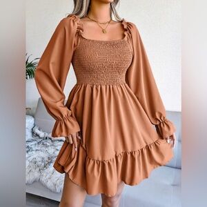 Smocked‎ Long-Sleeve Ruffle Hem Mini Dress Rust Brown Size XS